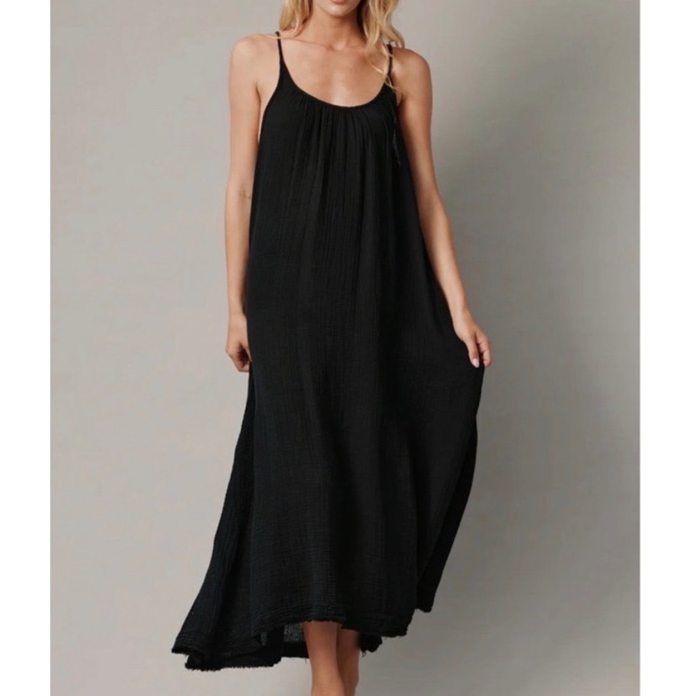 9seed‎ Black Cotton Gauze Maxi Dress Spaghetti Strap One Size Made in USA